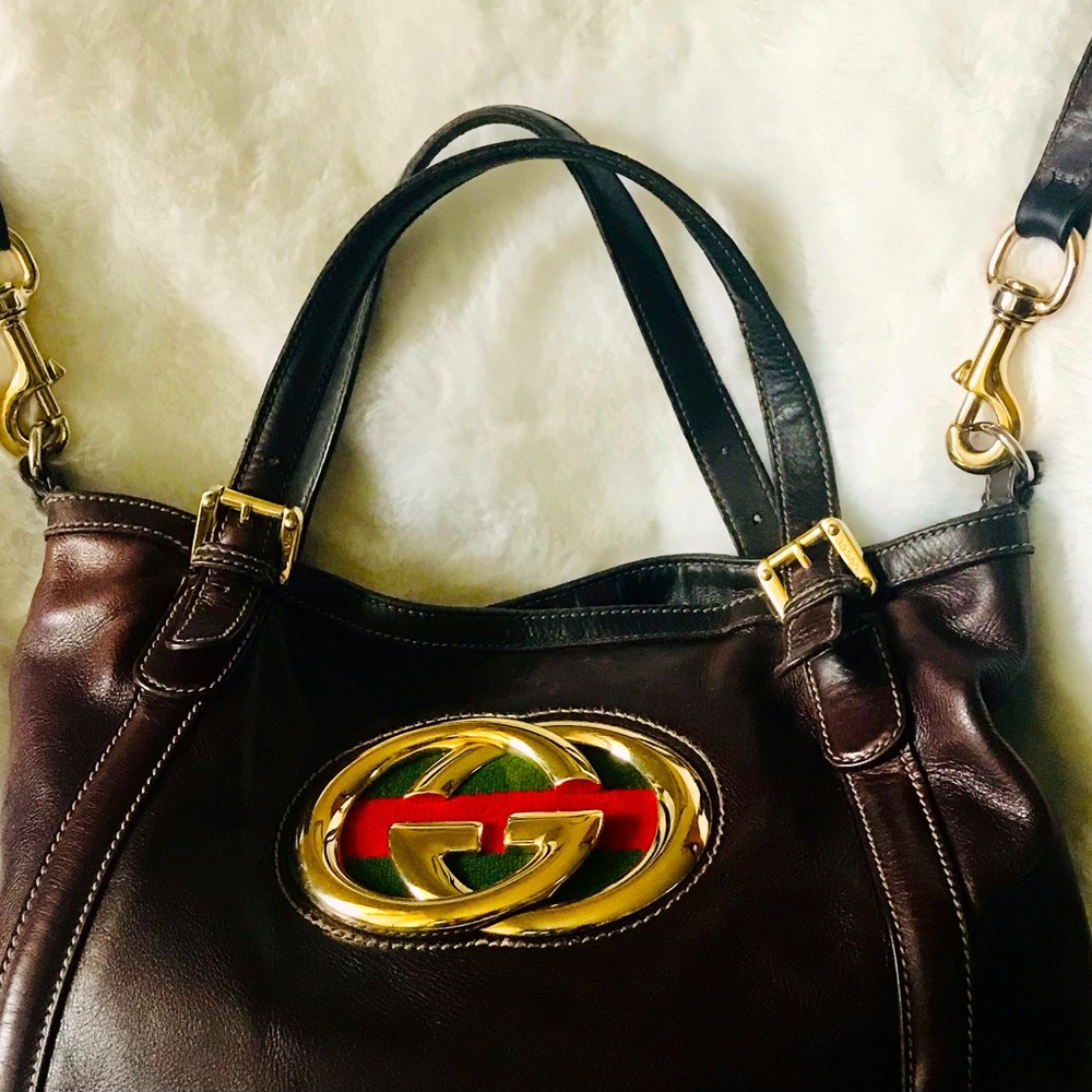 GUCCI BRITT Large Calfskin Leather Tote with Detachable Leather Crossbody Strap